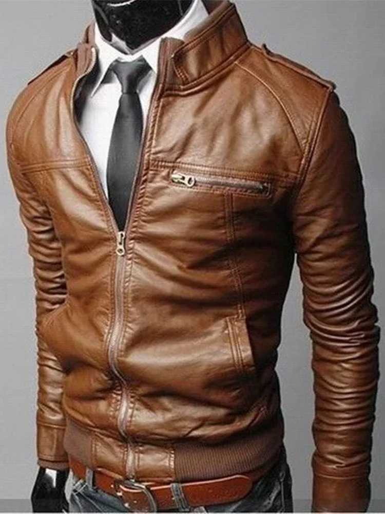 Fashion Mens Motorcycle Leather Jacket Spring and Autumn Stand Collar Zip Aviator Jackets Male Slim PU Synthetic Leather CoatsX240913