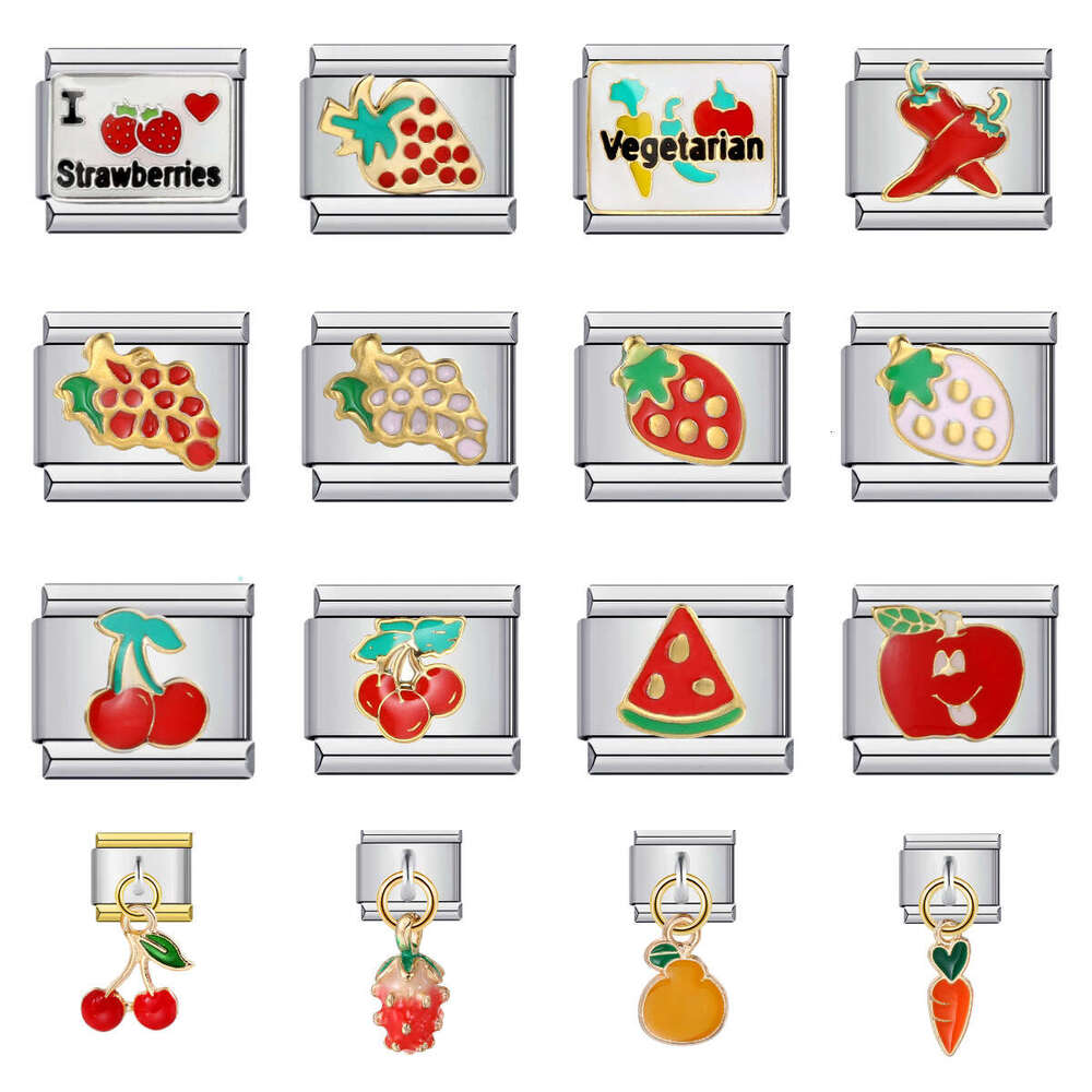 Summer Colorful Vegetable Fruit Series Beads Enamel DIY Personalized Splicing Bracelet Italian Charm Link Stainless Steel Fit 9mm Bracelet Jewelry DIY