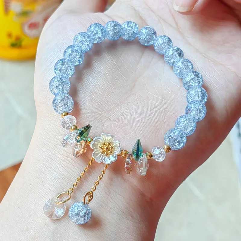 Korean New Sweet Chrysanthemum Bracelet Womens Colored Crystal Bead Elastic Rope Bracelet Girls Party Wedding Jewelry Gift W240913