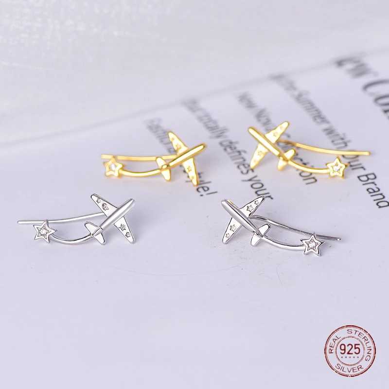 925 Sterling Silver Airplane Star Clip Earrings for Women 2023 Trend Pentagram Zircon Ornament Ear Hook Banquet Fashion JewelryX240913