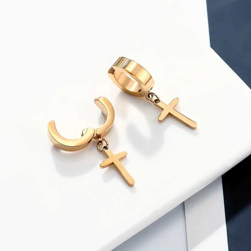 Trend Punk Rock stainless Steel No ear hole Earrings Big Cross Clip Earrings Male Female Fashion Jewelry Black Golden MulticolorX240913