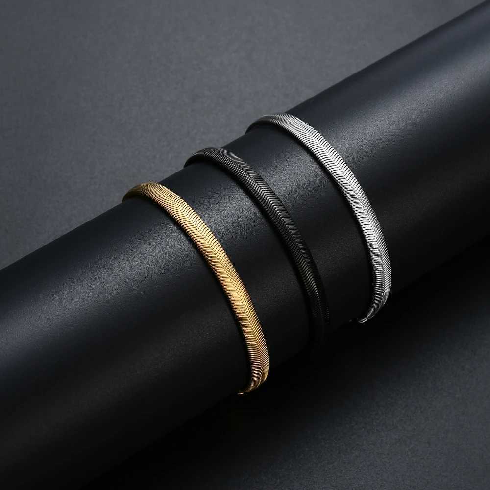 New Arrival 6MM 316L Stainless Steel Flat Snake Chain Bracelet Fashion Gold Black Color Link Bracelet For Men and WomenX240913
