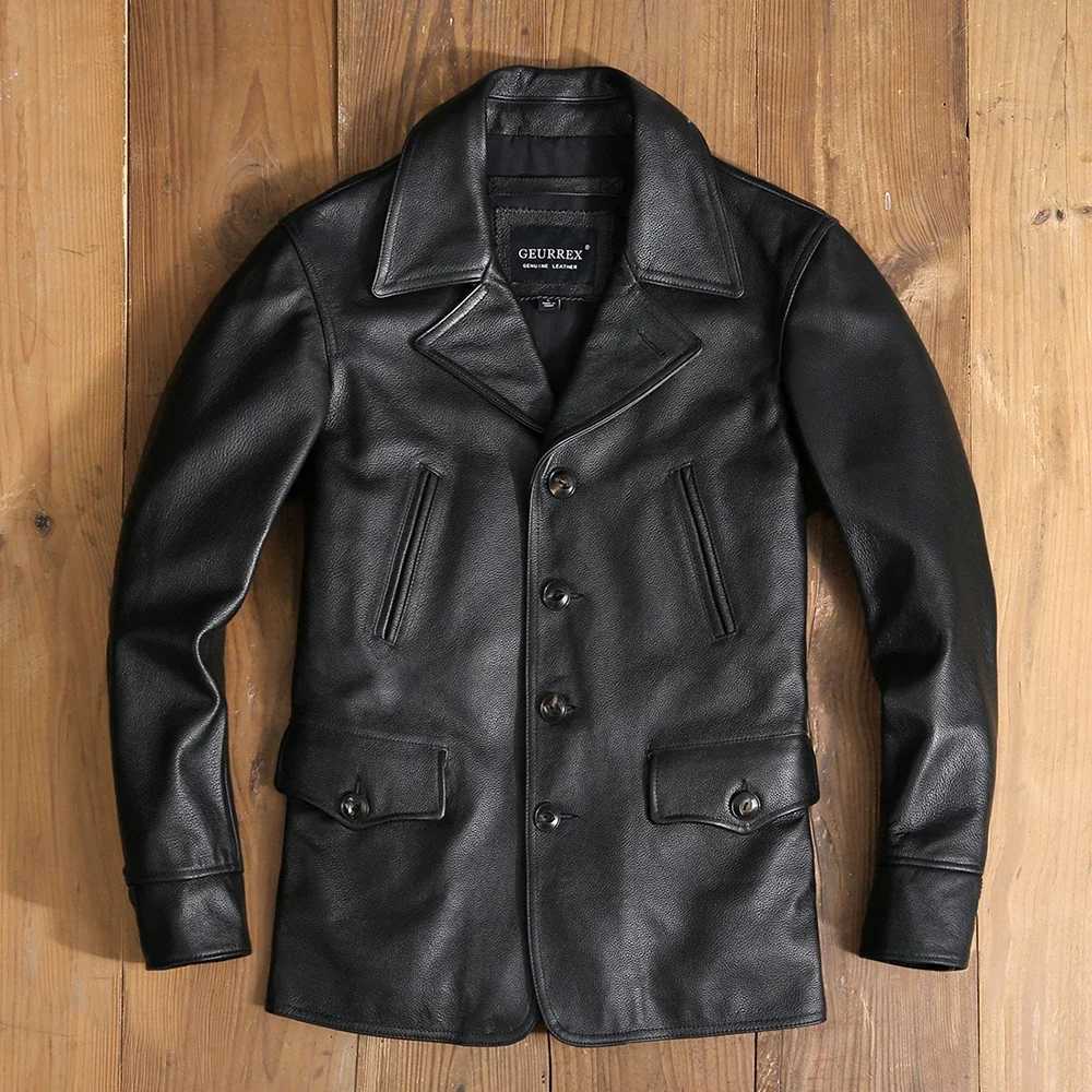Free shipping.Dermis quality men genuine leather wind coat.wholesale black plus size cowhide jacket.classic casual winter X240913