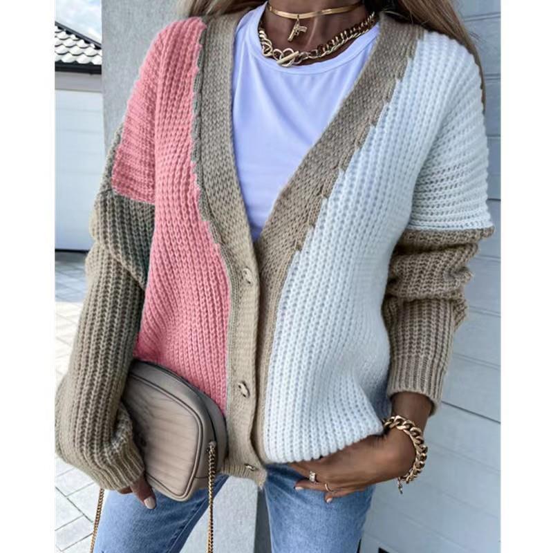 Women's clothing 2024 autumn and winter new collection spliced personalized fashion V-neck knitted sweater cardigan trend