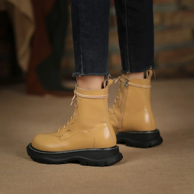 Round Winter Toe Chunky Heel Genuine Leather for Warm Wool Snow Boots Zipper Platform Shoes Women 860b Platm