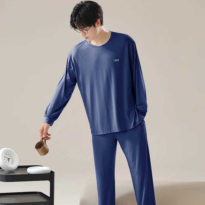 Dark Blue Men Pajamas Set Long Sleeves Long Pants Autumn Winter Cozy Sleepwear Soft Pyjamas Boy Pijamas Male Nightshirt Modal Pj Y240913