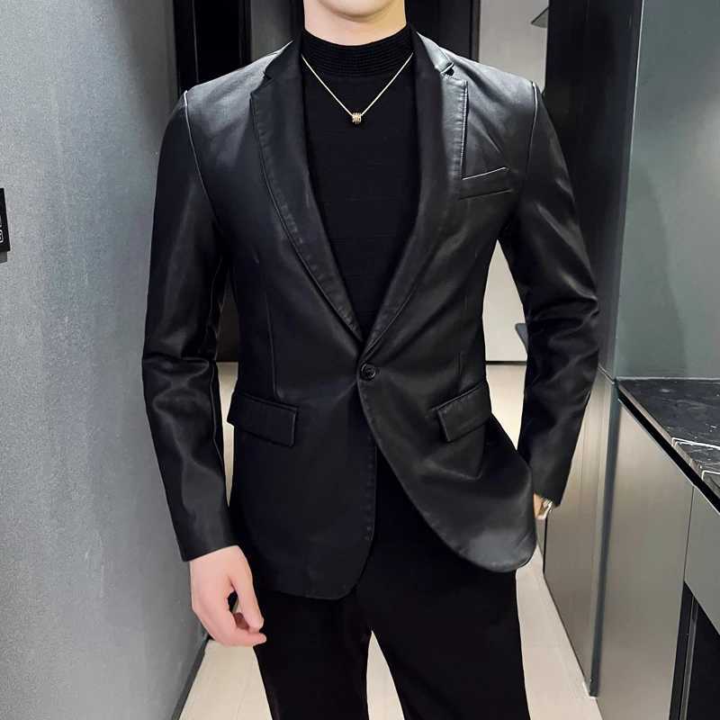 Mens PU Jacket with Suit Collar Faux Leather Jacket Mens Leather Jacket Suit Collar Fashion Urban Business Casual SuitX240913