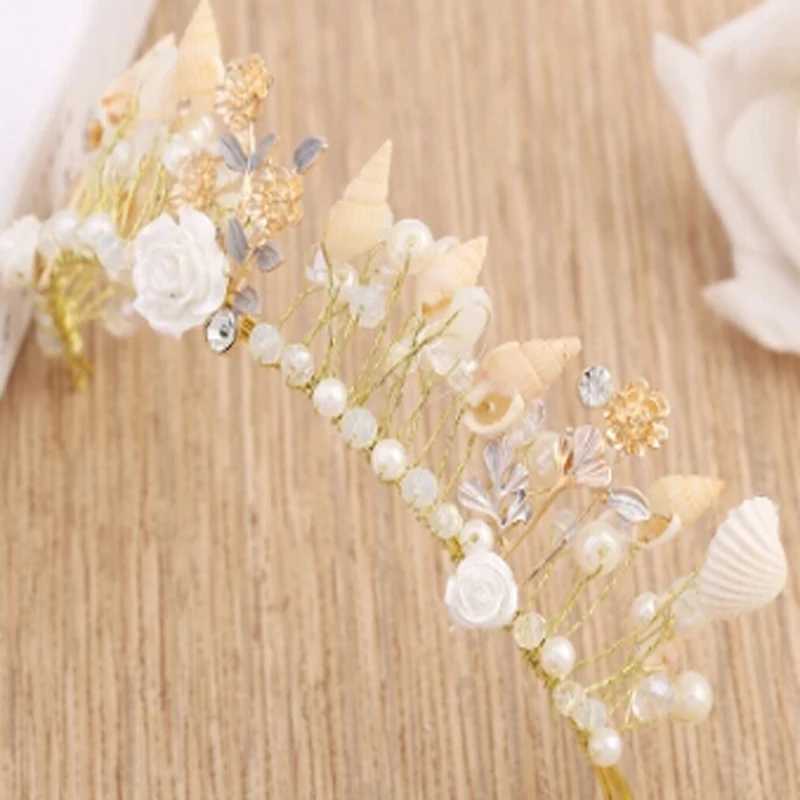 Promotion Seaside Romantic Fashion Shell Artificial Flowers Luxury Wedding Bridal Crowns Headbands Tiara Rhinestone Hair BandX240913