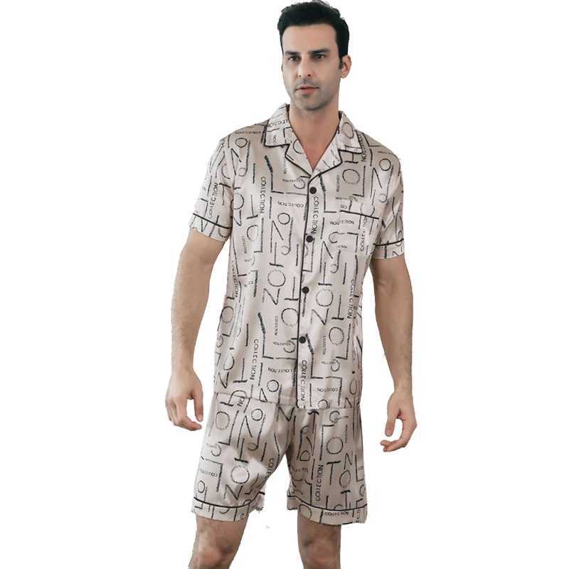 2-piece pajama mens summer short sleeved shorts with ice silk thin letter print lapel cardigan sleepwear home suit Y240913