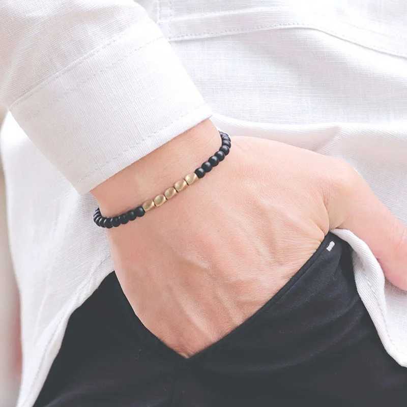 4mm Bead Bracelet Natural Matte Tiger Eye Stone Brass Charm Bracelet Mens Jewelry Gift Pulsera W240913