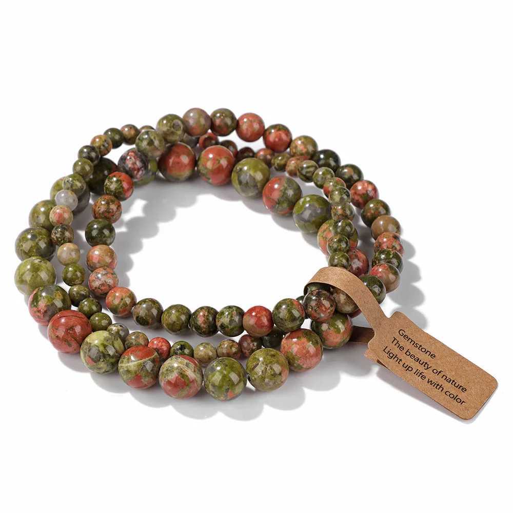 3 pieces/set of natural stone Unakite bead bracelets 4/6/8mm diamond shaped peacock elastic rope bracelet womens yoga jewelry gift W240913