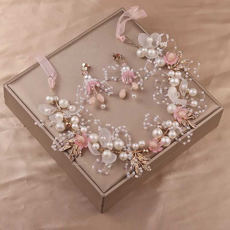 handmade bride hair accessories pink flower wedding headdress crystal headpiece pearl headband for women weddingX240913