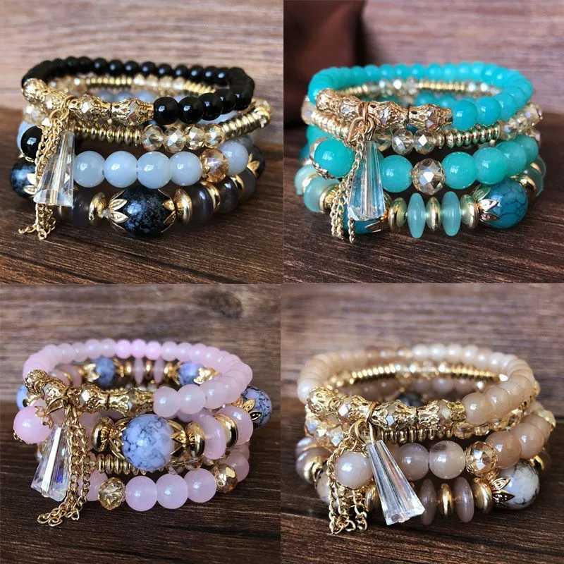 4pcs set of Korean Bohemian multi-color crystal bead bracelet womens ethnic heart-shaped charm bag bracelet Pulseira Feminina W240913