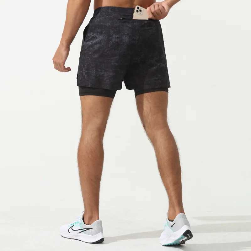 2 in 1 Marathon Running Shorts Quick Dry Long Distance Running Training Sports Print Men Shorts Gym Summer With Waist bag M240912
