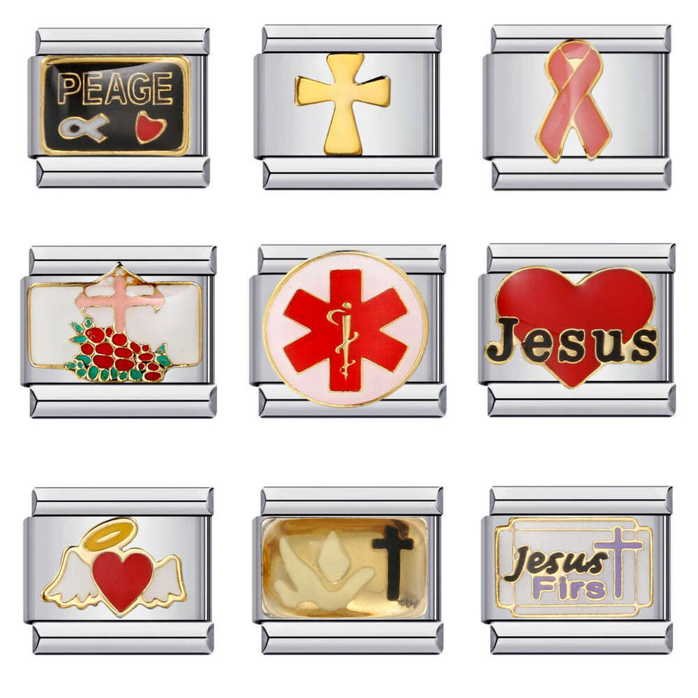 Religious Beliefs Titanium Steel Welding Drip Oil DIY Module Italian Charm Bracelet Italian Charm Links Stainless Steel Fit 9mm Bracelet Making DIY Je