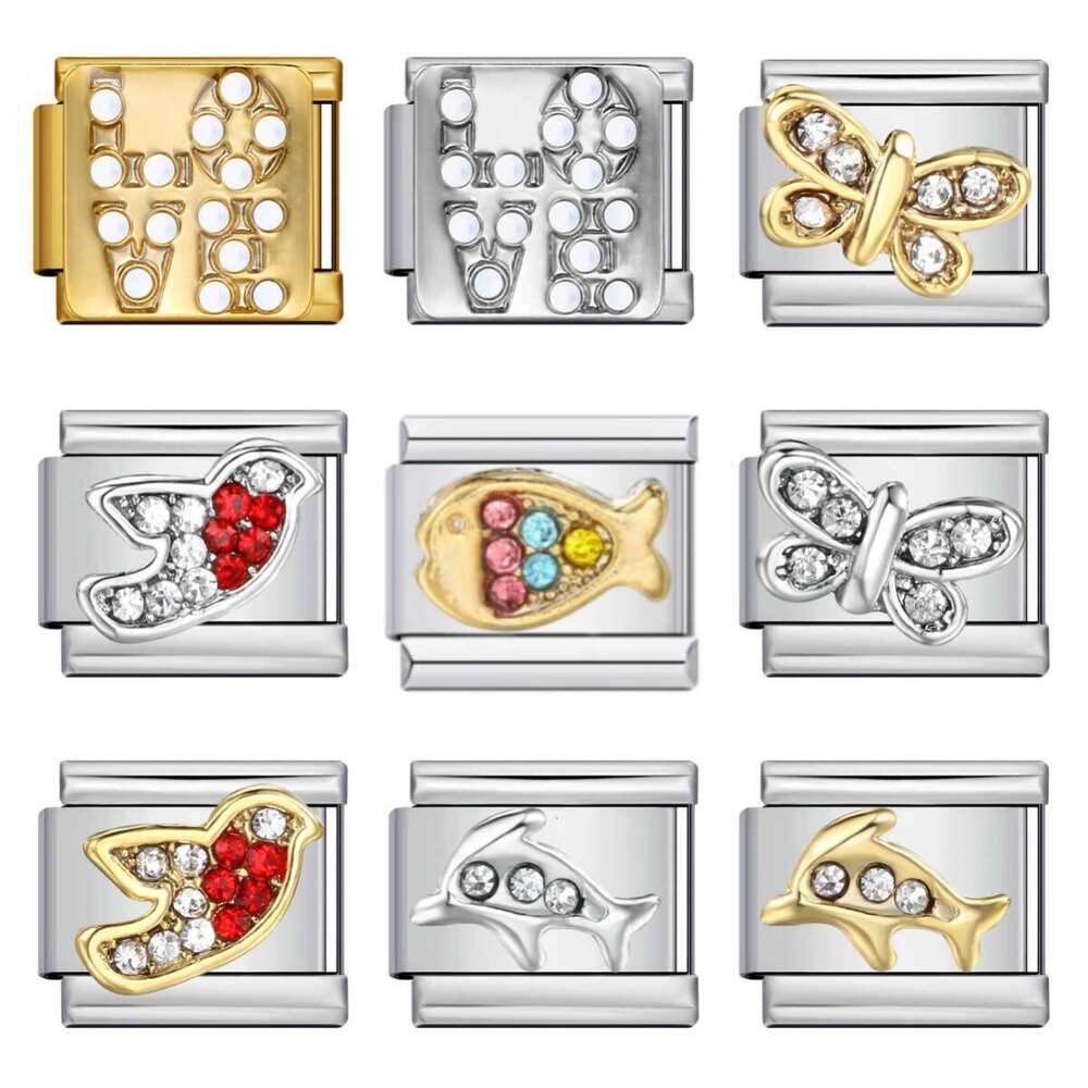 New Dia Inlaid Titanium Steel Welding Enamel DIY Module Italian Charm Bracelet Italian Charm Links Stainless Steel Fit 9mm Bracelet Jewelry DIY Making