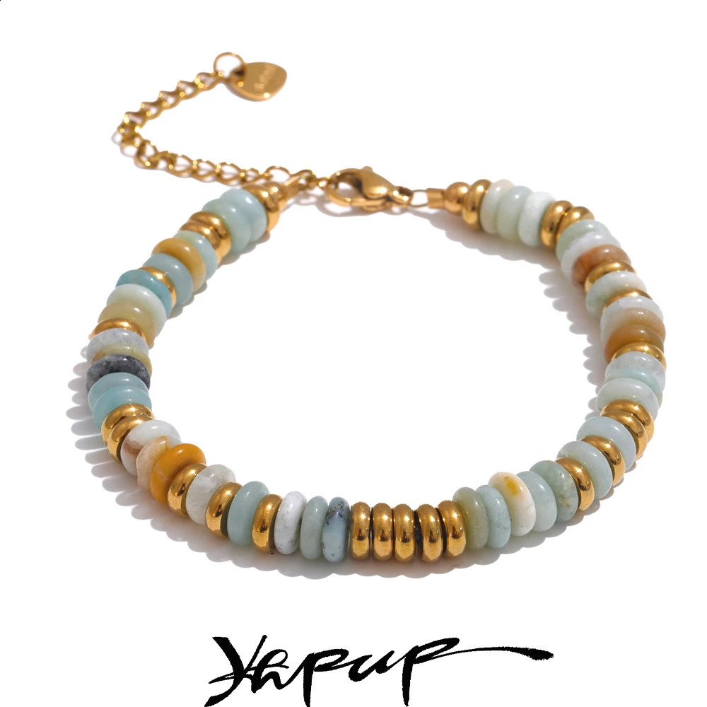 Yhpup Colorful Natural Stone Beads Chain Handmade Bracelet Bangle Waterproof Bohemia Stainless Steel Y2K Trendy Jewelry Gift 240906