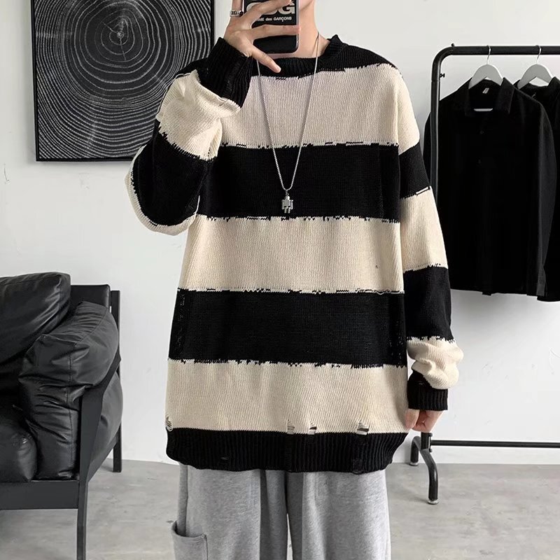 Men Sweaters Striped sweater mens spring and autumn autumn Korean version trendy new item knit sweater contrasting colors on clothes Mens crew neck sw