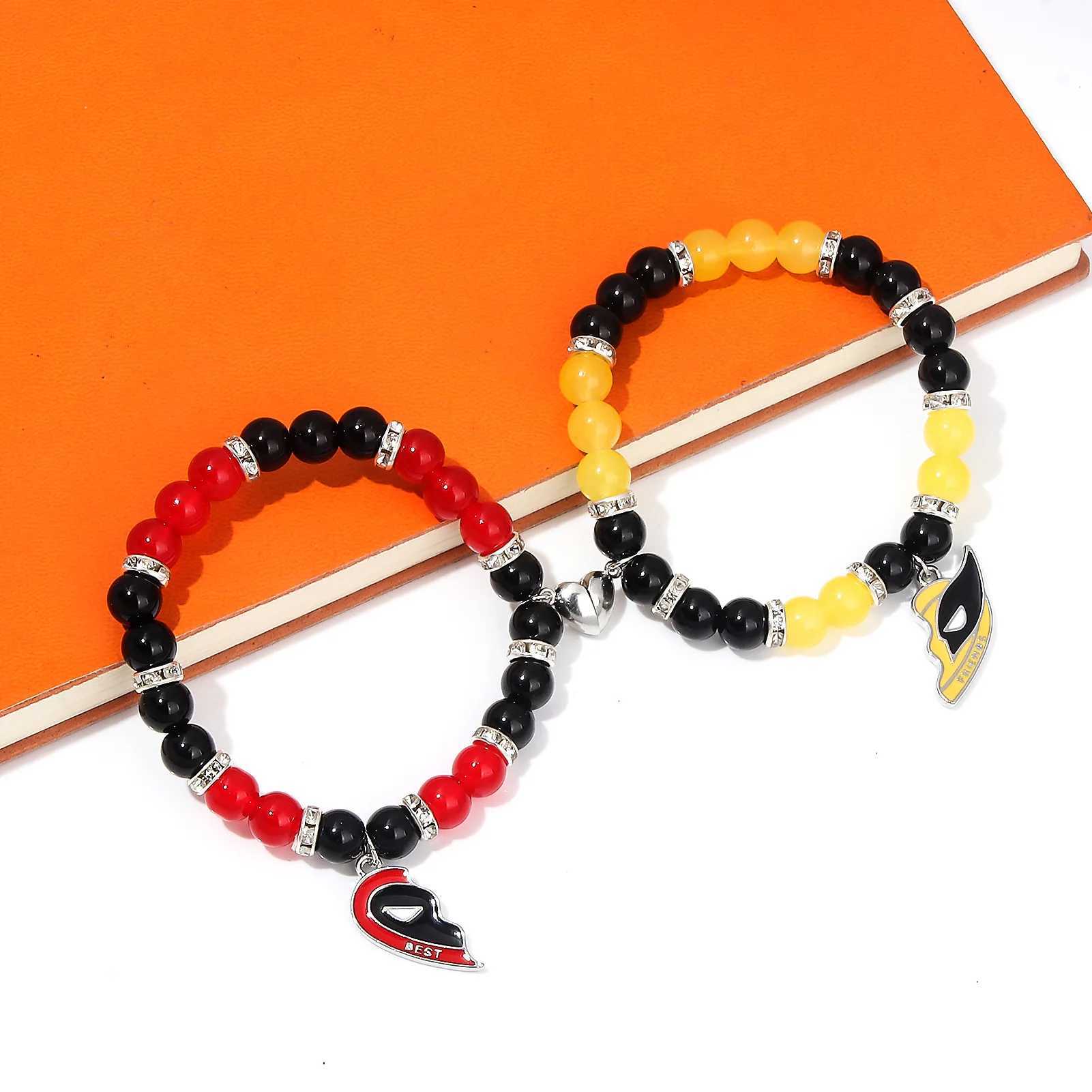 1 pair of Death Pool Wolverine Bracelets Best Friends Heart shaped Pendant Stone Bead Bracelet Friendship Jewelry Couple Bracelet W240913