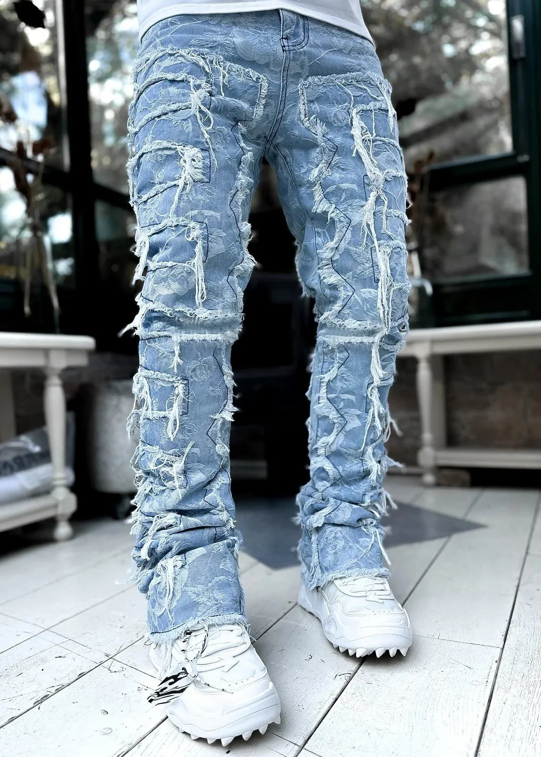 High Street White Mens Stacked Jeans Stretched Patchwork Tassel Damaged Denim Full Length Pants Hip-pop Trousers for Male 240912