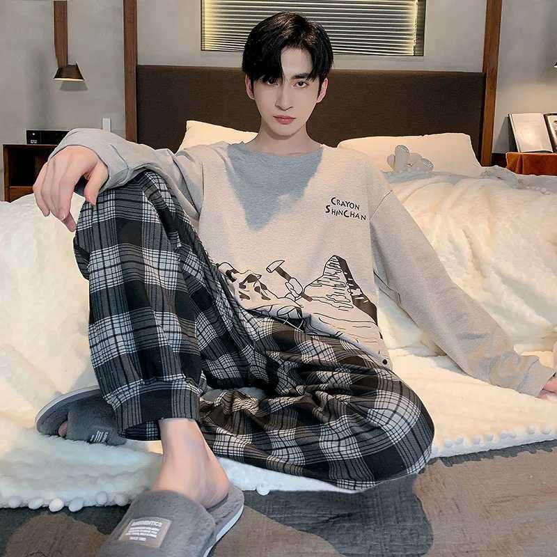 Spring And Autumn Mens Pajamas Teenage Long-Sleeved Pajamas Set Loose Casual Homewear Mens Homewear Suit Y240913