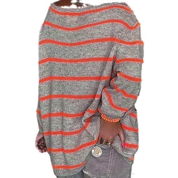 2024 autumn winter new plus size with contrasting stripes, round neck loose and versatile, lazy style sweater for women