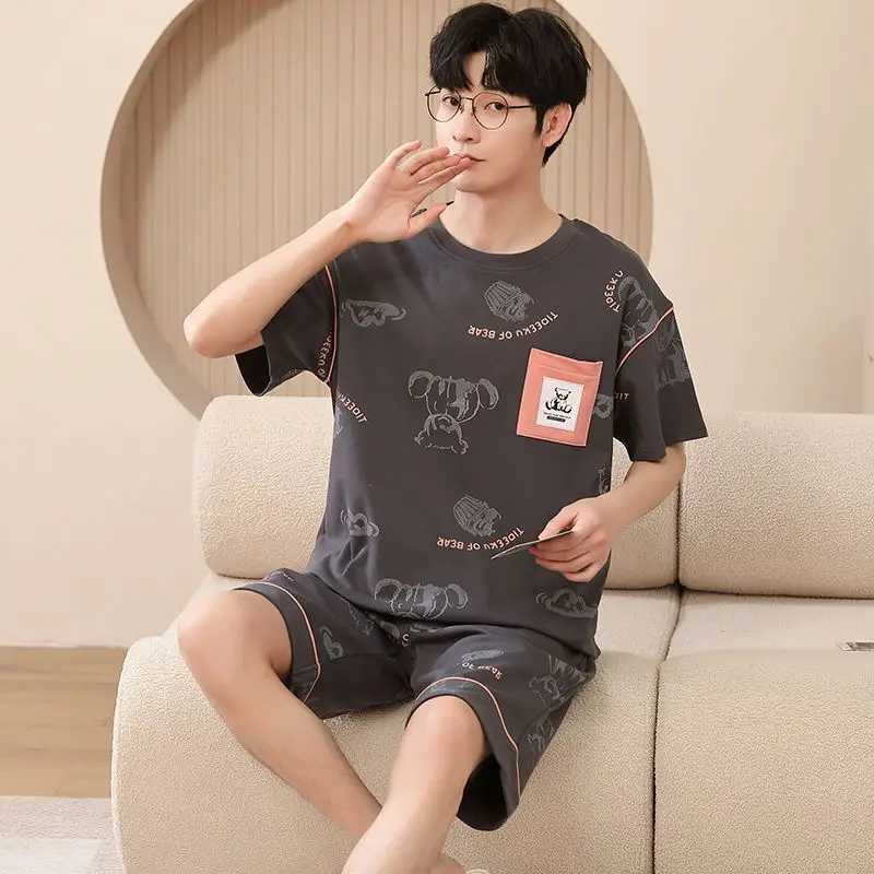2023 Cotton Mens Pyjamas Set Summer Short Sleeve Sleeping Tops Shorts Sleepwear Young Boys Nightwear Korean Fashion Pjs Pijamas Y240913