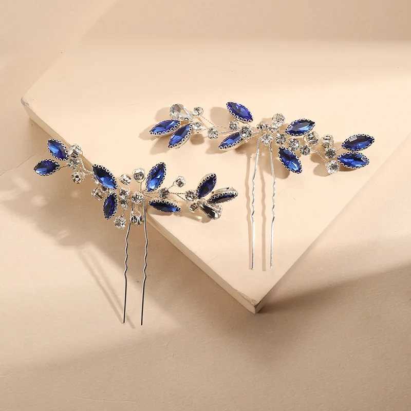 Blue Leaf Hairpin Wedding Hair Accessories For Women U-shaped Crystal Hair Clip Fork 2023 New Bride Hair Jewelry Marrige TiarasX240913