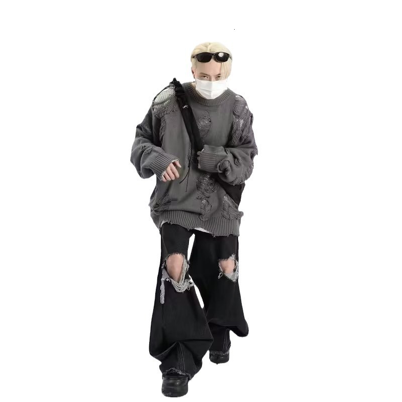 Halloween Men Sweaters Shabby style Fake two sweaters for men in winter thick and perforated trendy knitted sweater lazy style Mens crew neck sweater