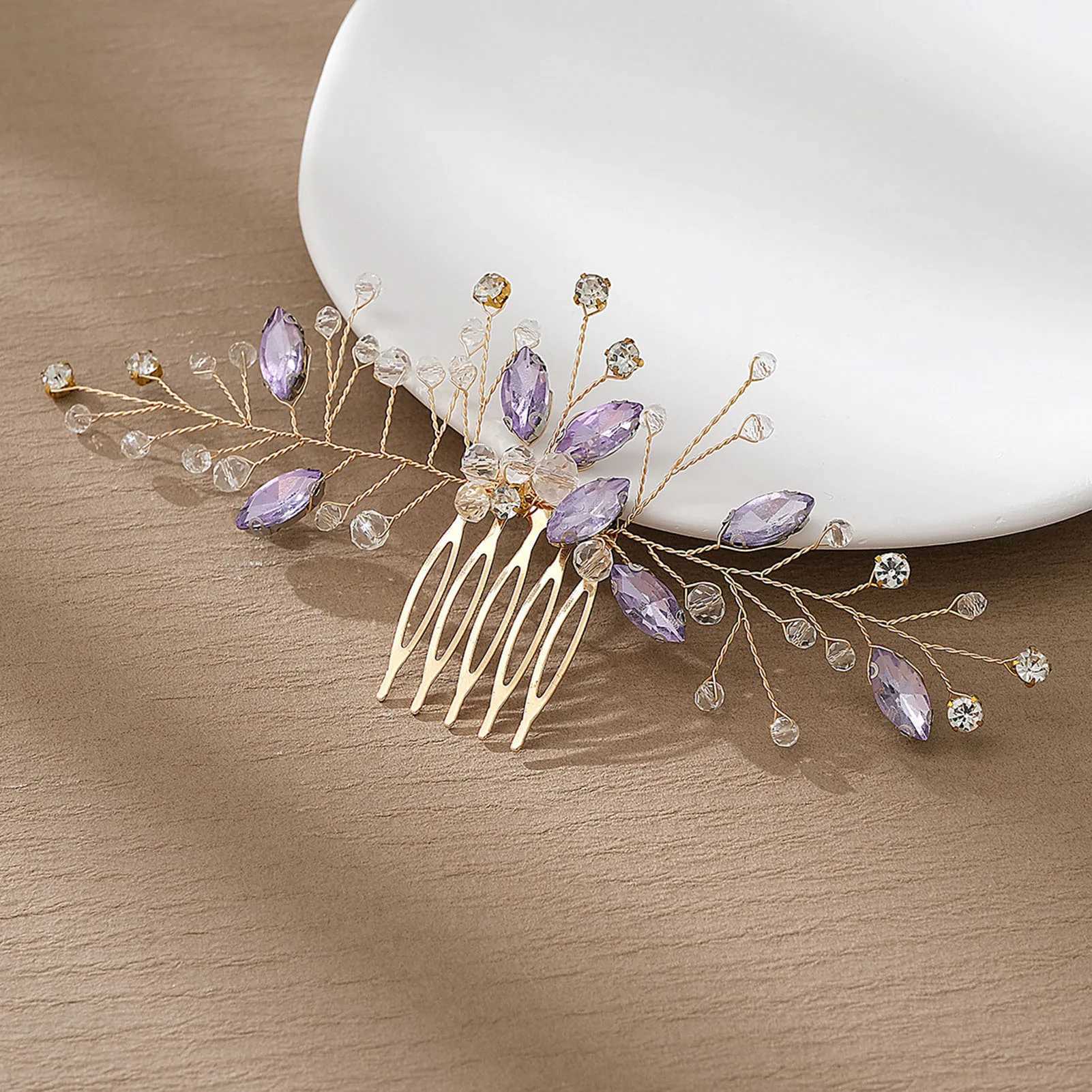 Purple Crystal Hair Comb Handmade Rhinestones Hairpins Fashion Metal Headpiece Bridal Tiaras Elegant Hair Accessory For WomenX240913