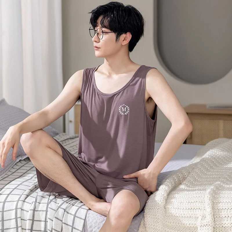 Mens Pajamas Set Summer New O-neck Shorts Knitted Cotton Pijamas Leisure Loungewear Casual Man Sleepwear Sleeveless Nightwear Y240913