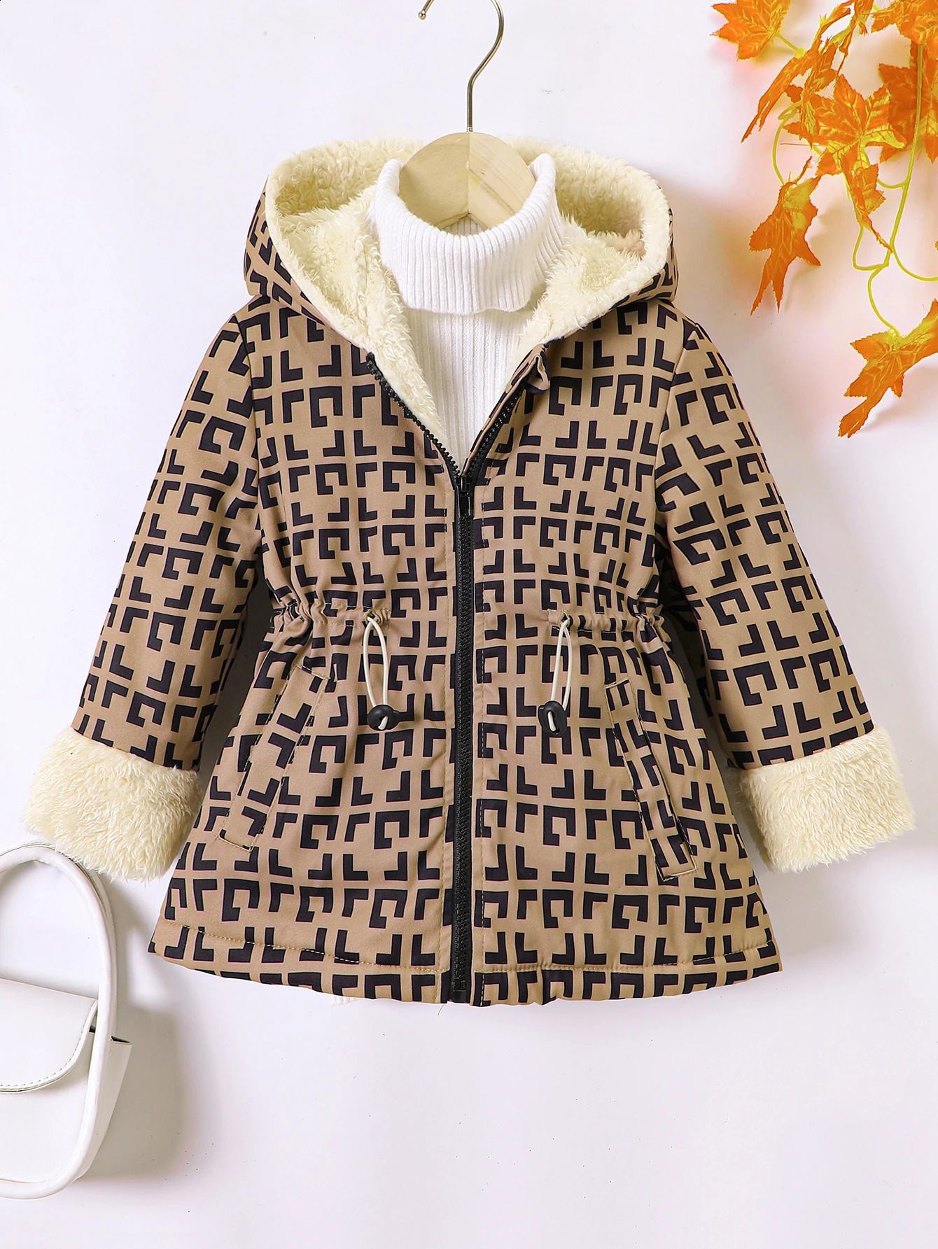 Product For Young Children Winter Thick Plush Hooded Plaid Zippered Jacket Girls 240905