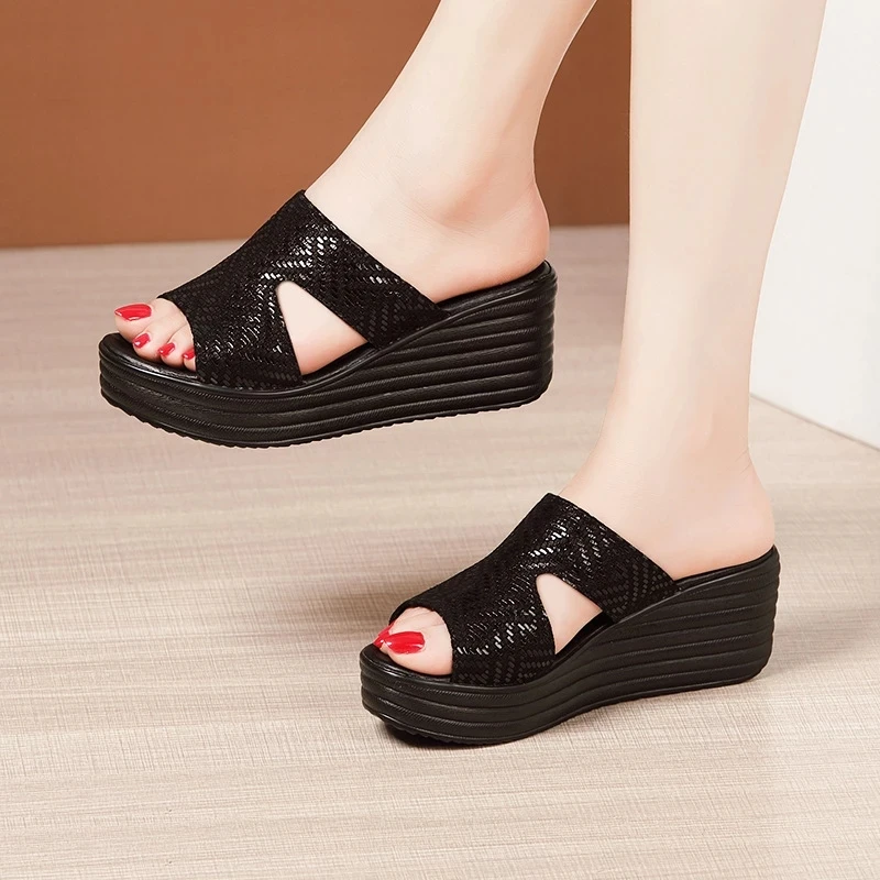 BEYARNESmall Big Size32-43Fashion Gold Cutout Platform Slippers Wedding Shoes Summer High Heels Wedges Slides Women forOffice