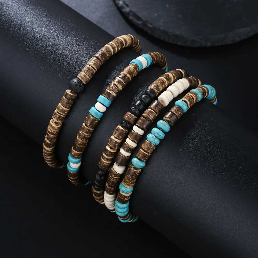 Coconut wood bead bracelet Eistic turquoise bead bracelet handmade stacked wooden elastic bracelet for men and women W240913