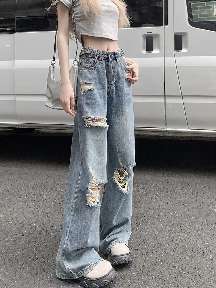 Jeans Y2K Korean Retro American ripped jeans women floor mopping high waist straight loose wide leg pants