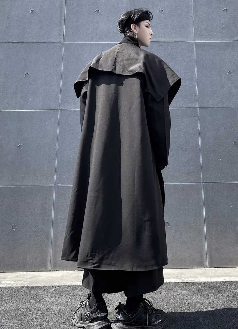 Mens Long Windbreaker Black Loose Large Windbreaker Coat Spring And Autumn New Mens Ins Personality Super Large Neckline Y240913