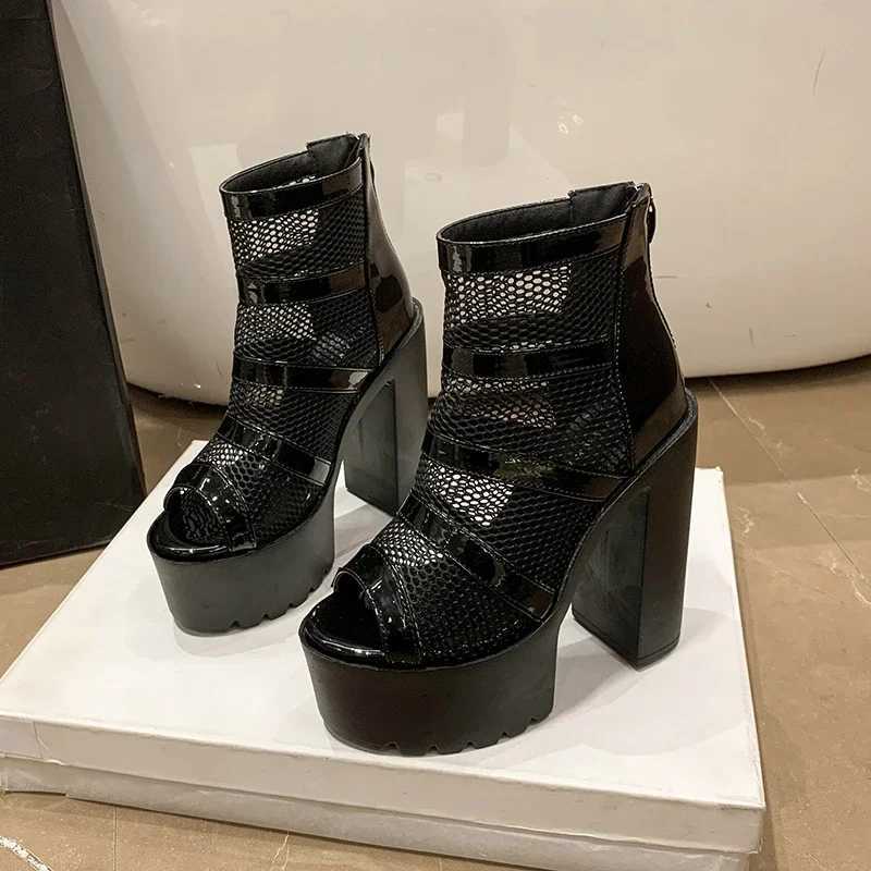 Black 14CM High Heels Sandals Gothic Peep Toe ZIpper Ankle Boots Women Breathable Mesh Summer Waterproof Platform Boot M240912