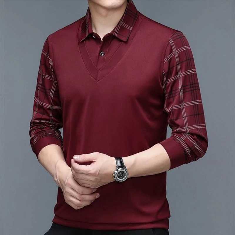 Spring New Long Sleeve POLO Mens T-shirt Lapel Loose Stripe Bottom Fashion Casual Pullover Clothes Business Button ShirtsX240912