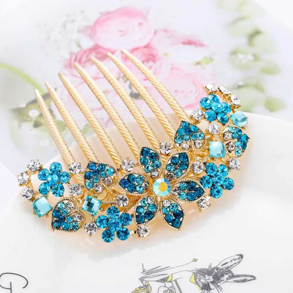 Headwear Classic Rhinestone Hollow Out Flower Colorful Hair Ornament 7 Teeth Wedding Hair Clip Sturdy for DatingX240913