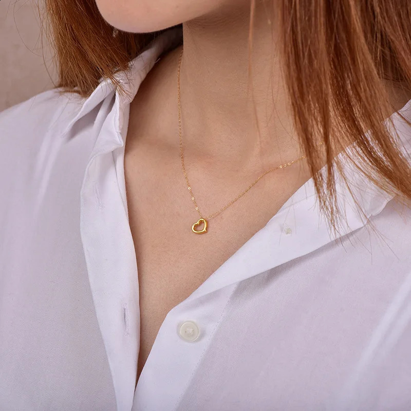 Real 24K Gold Pure AU999 Heart Pendant Necklace Minimalist Fashion Fine Jewelry Gift for Women PE010 240906