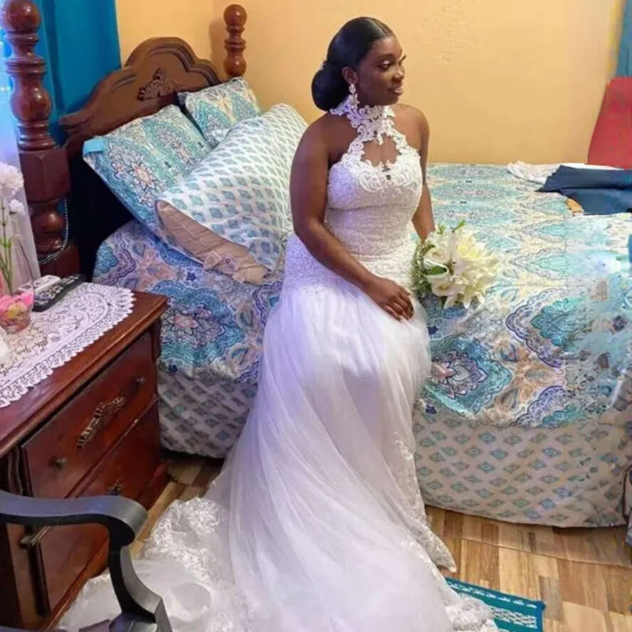 Wedding Country Style Mermaid Dre Halter Appliqued Lace Elegant Bridal Dree Beach Fulllace Tulle Bride Chapel Plu Size Gown For Black Women Cdw E