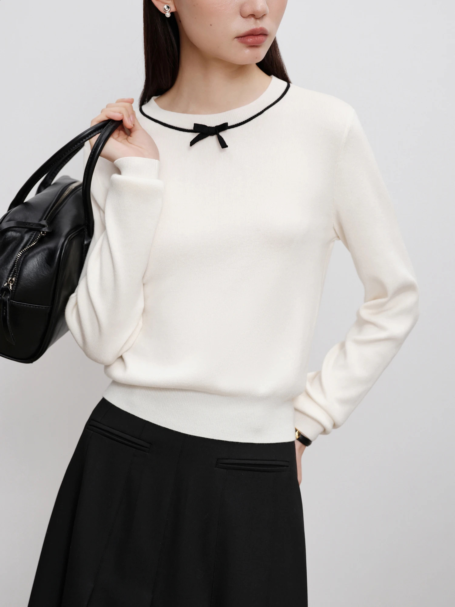 ZIQIAO Petite Size Simple Wool Knitted Womens Sweater Spring/Summer Bow Top Casual Loose 24ZQ93192 240904