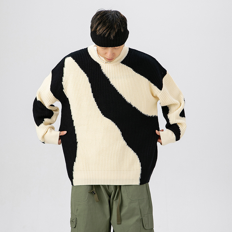 Men Sweaters American retro color blocked round neck sweater Korean version mens loose and trendy long sleeved casual knit sweater Mens crew neck swea