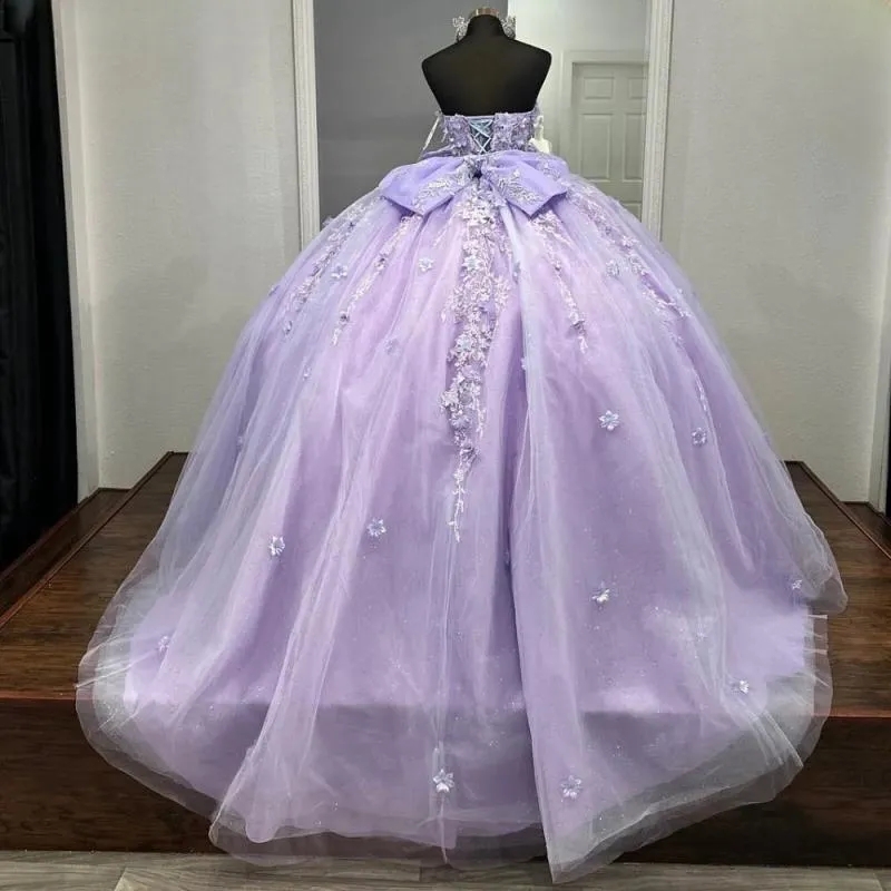 Lilac Quinceanera Dresses 2025 Sweet 16 Dress Off The Shoulder Flowers Appliques Lace Beading Bow Tull Vestidos 15 De Party Birthday Ball Gown