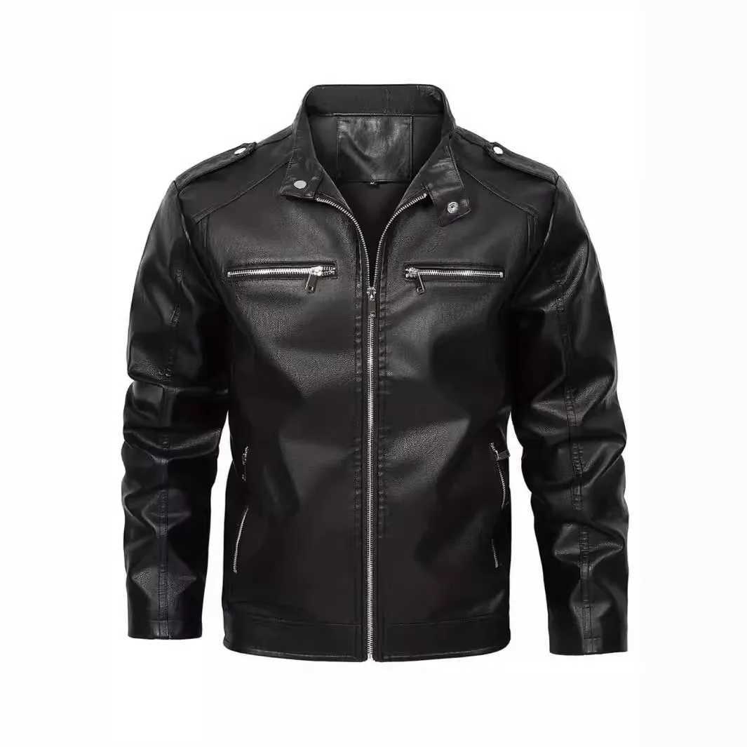Motorcycle leather jacket mens multi pocket zipper stand collar slim fit spring and autumn high-quality mens leather jacketX240913