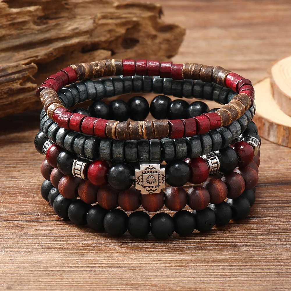 Cross Life Tree 5-piece/set retro bronze ethnic leisure wood bead feather charm leather womens bracelet mens jewelry W240913