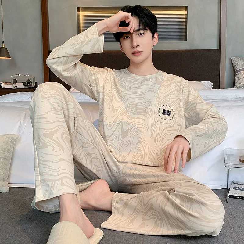 Mens Two-Piece Pajamas Autumn New Cotton Mens Pajamas Long-Sleeved Trouser Student Teenage Homewear Suit pijama hombre Y240913