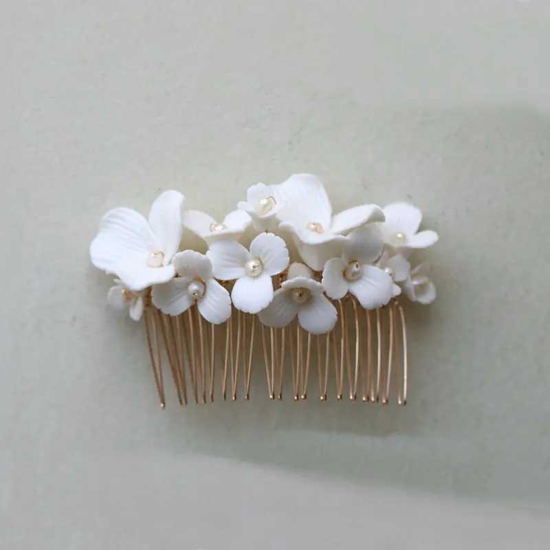 Handmade Ceramic Flower Bridal Hair Comb Gorgeous Pearl Wedding Hair Accessories Women HeadpiecesX240913