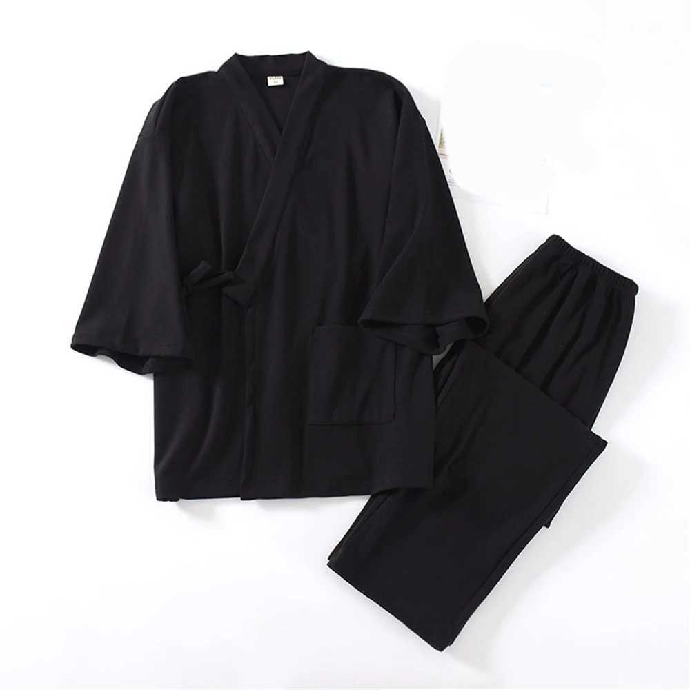 Autumn Winter Thick Mens Kimono Pajamas Suit Lace-up Yukata Tops Elastic Waist Trousers Set Home Costumes Boy Sleepwear Gift Y240913