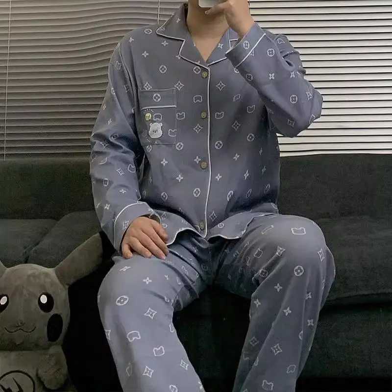 Latest Cartoon Pajamas Men Long Sleeve Nightdress Spring Autumn Youth Sleepwear Loose Casual Loungewear Set Lapel Print Pyjamas Y240913